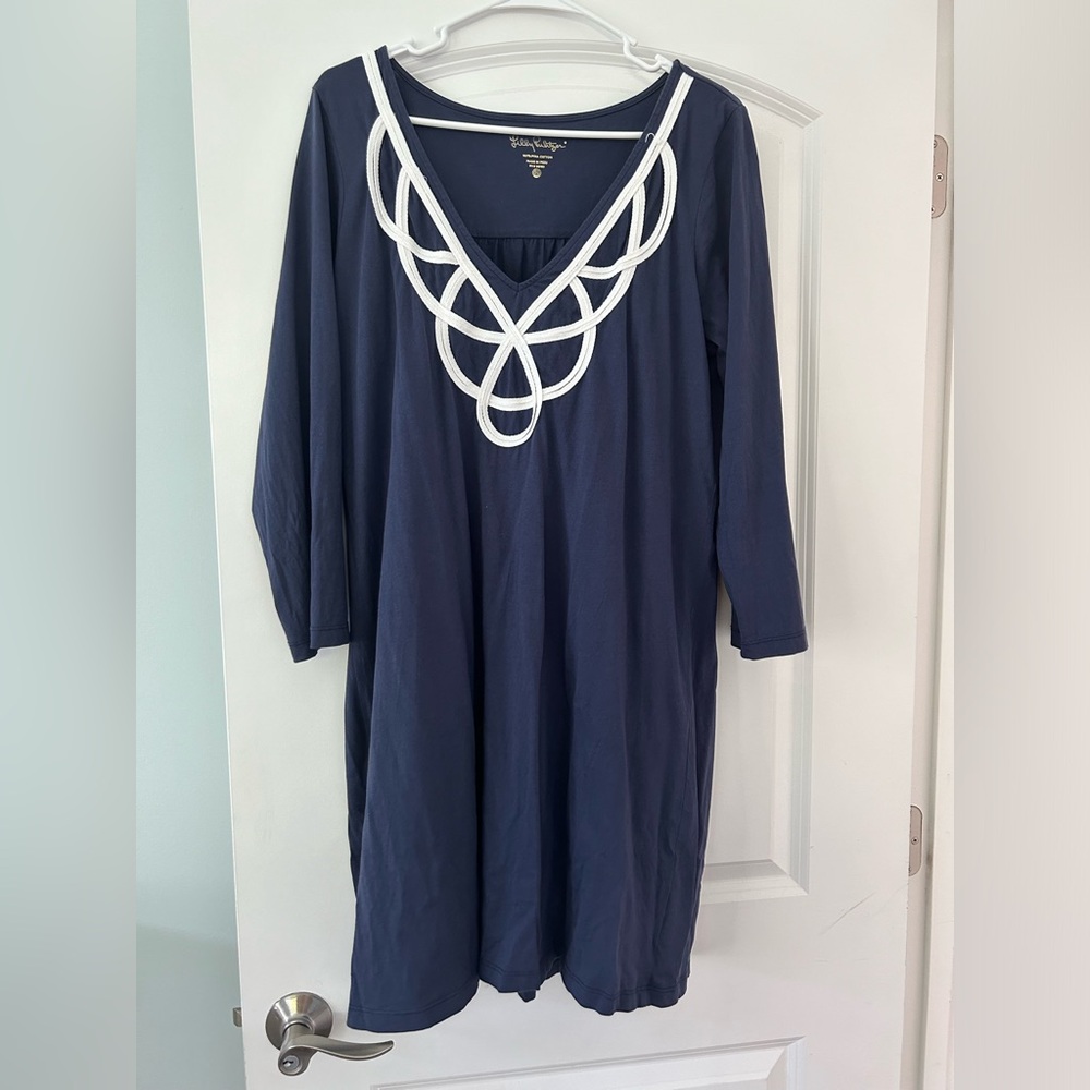 Lilly Pulitzer navy three quarter length sleeve dress. 100% Pima cotton